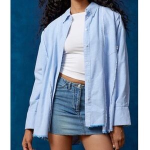 UO BDG Oversized Spliced Dad Raw Hem Button-Down Blue Collar Cotton Shirt Cover